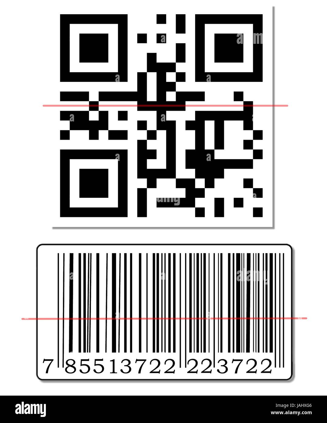 Il codice QR e il codice a barre con la scansione di riga rossa Foto stock  - Alamy