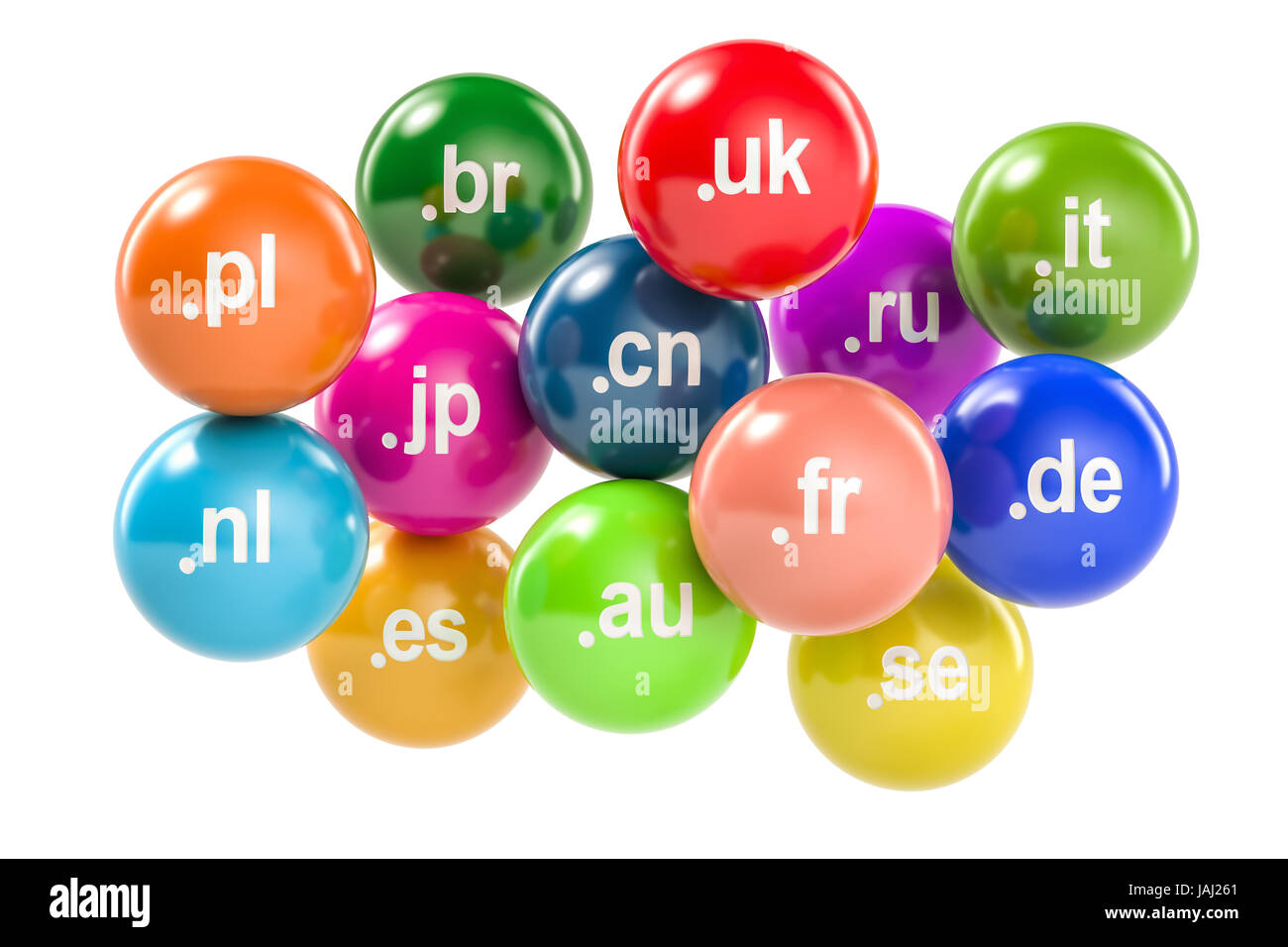 Set di palline colorate con il country code top-level i nomi di dominio, rendering 3D Foto Stock