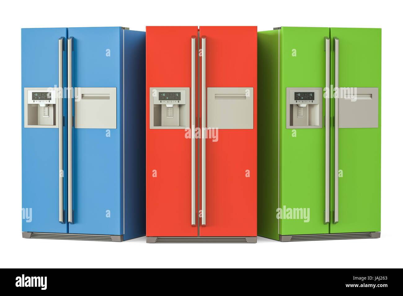Set di frigoriferi colorati con lato a lato sistema di porta, rendering 3D Foto Stock