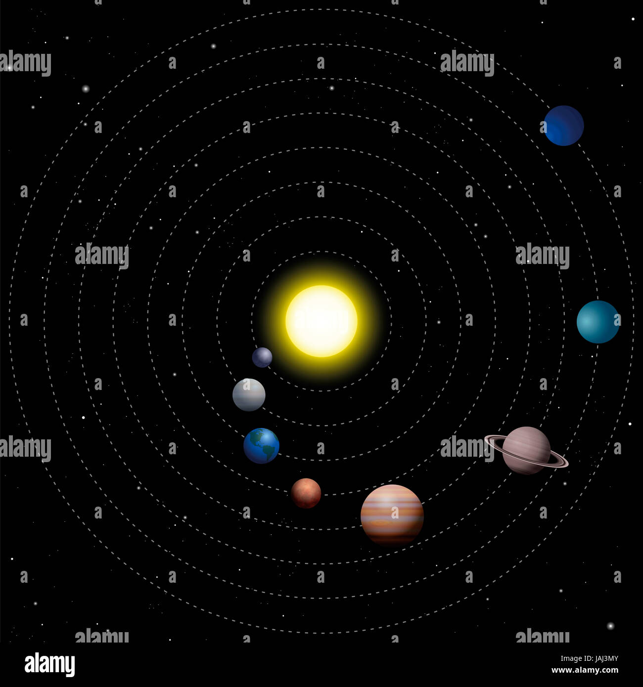 Sistema solare - modello schematico del sole con gli otto pianeti orbitanti intorno esso - Mercurio, Venere, Terra e Marte, Giove, Saturno, Urano, Nettuno. Foto Stock