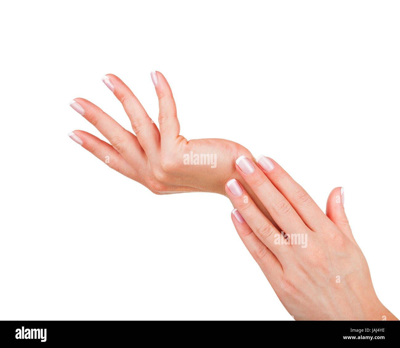 Bella mani femminili con french manicure isolati su sfondo bianco Foto Stock
