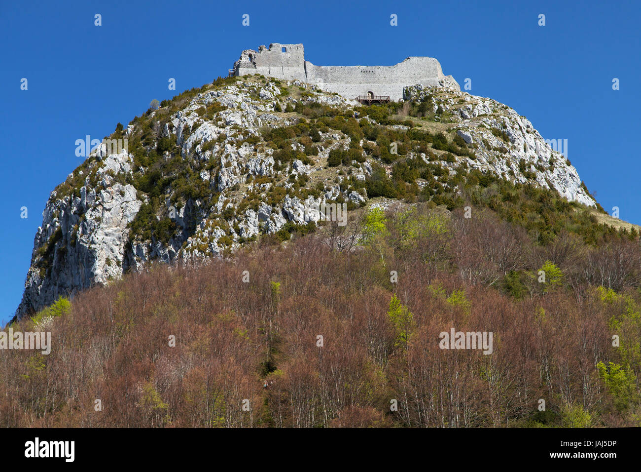 Castello cataro di Montsegur, Occitanie, Francia. Foto Stock