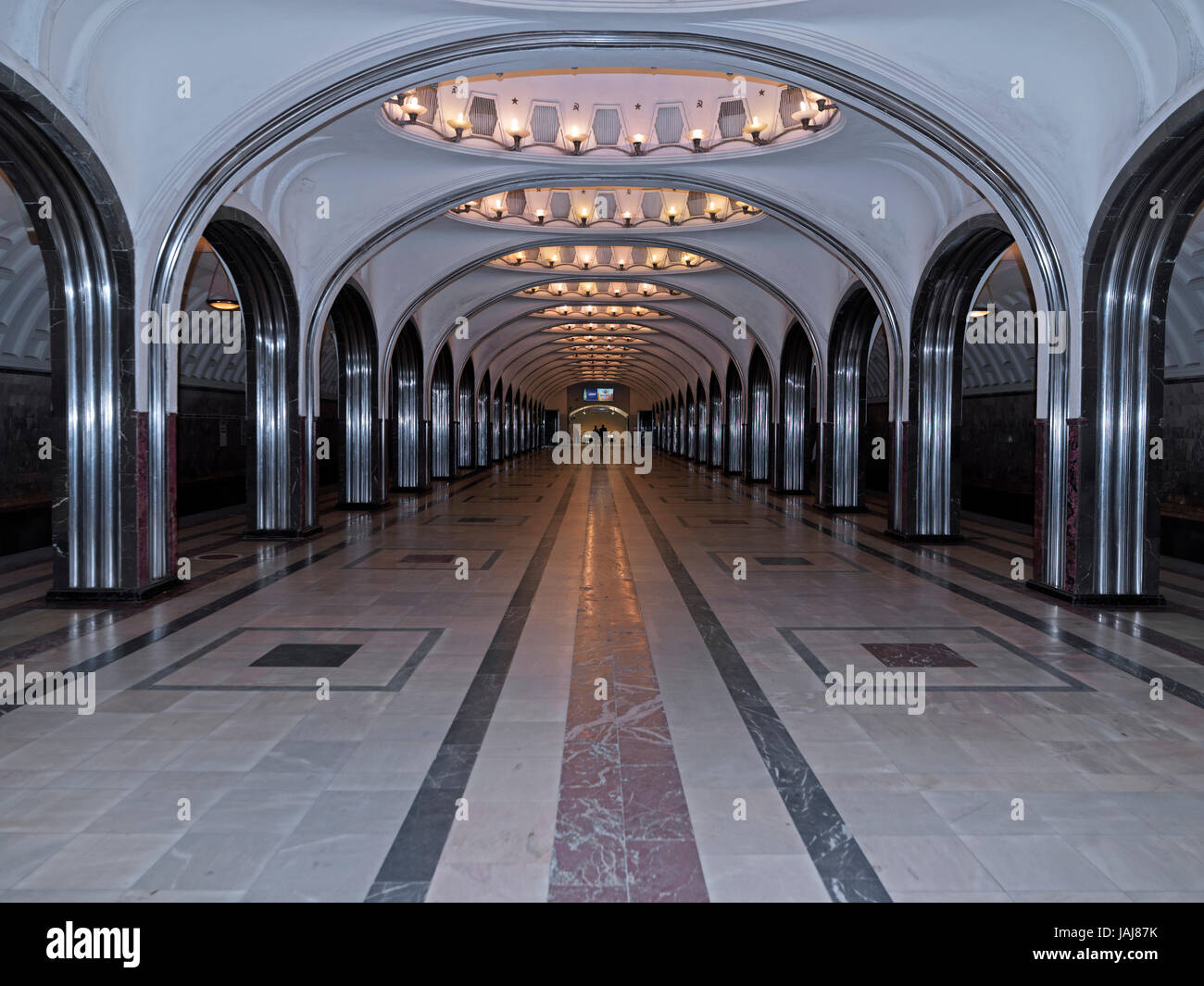 Metropolitana di Mosca, la stazione della metropolitana Mayakovskaya, Mosca, Russia, Europa Foto Stock