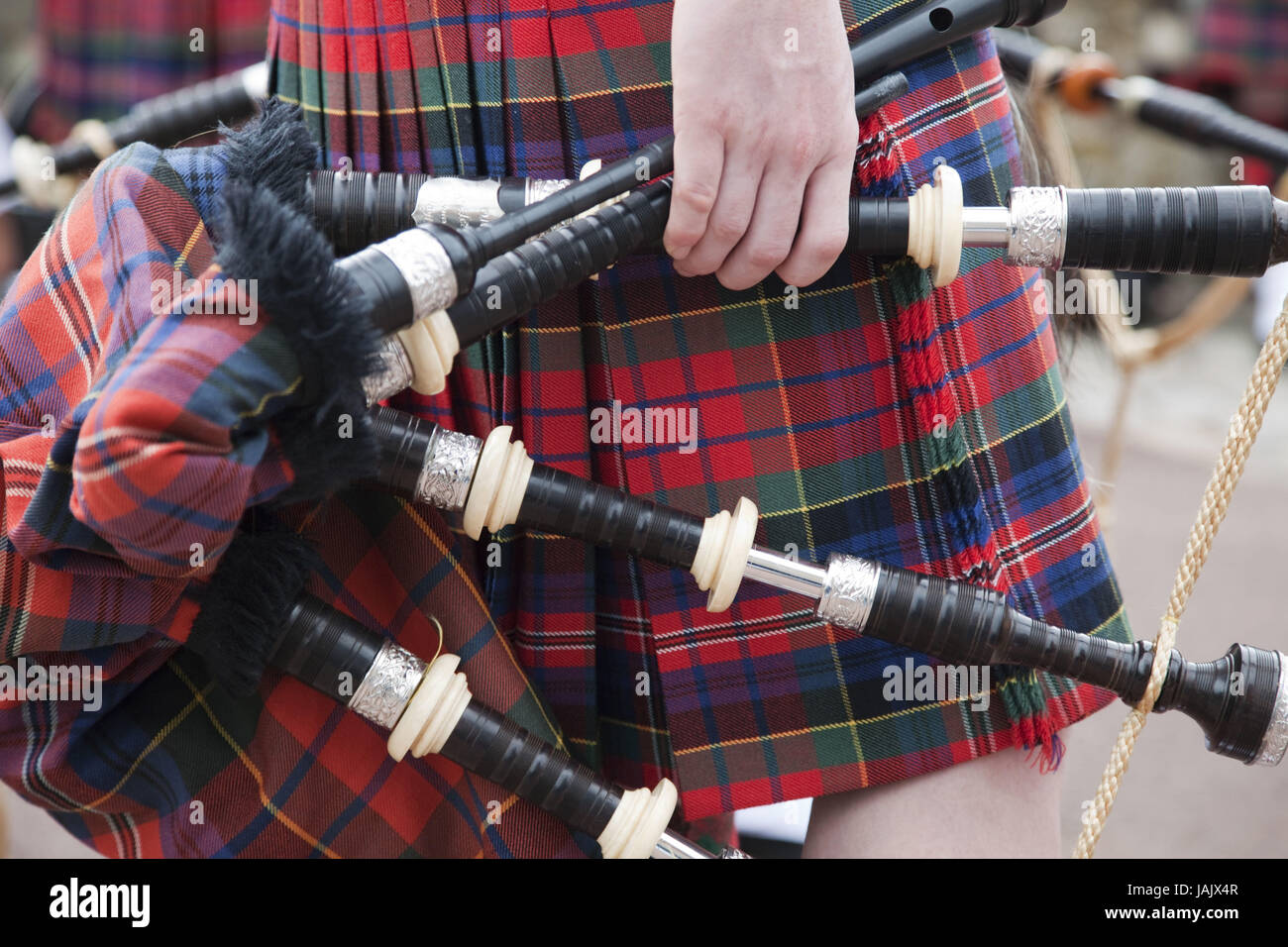 La Scozia , Edimburgo, il royal Mile,salvataggio militare,musicista,cornamuse,medium close-up, dettaglio, Foto Stock