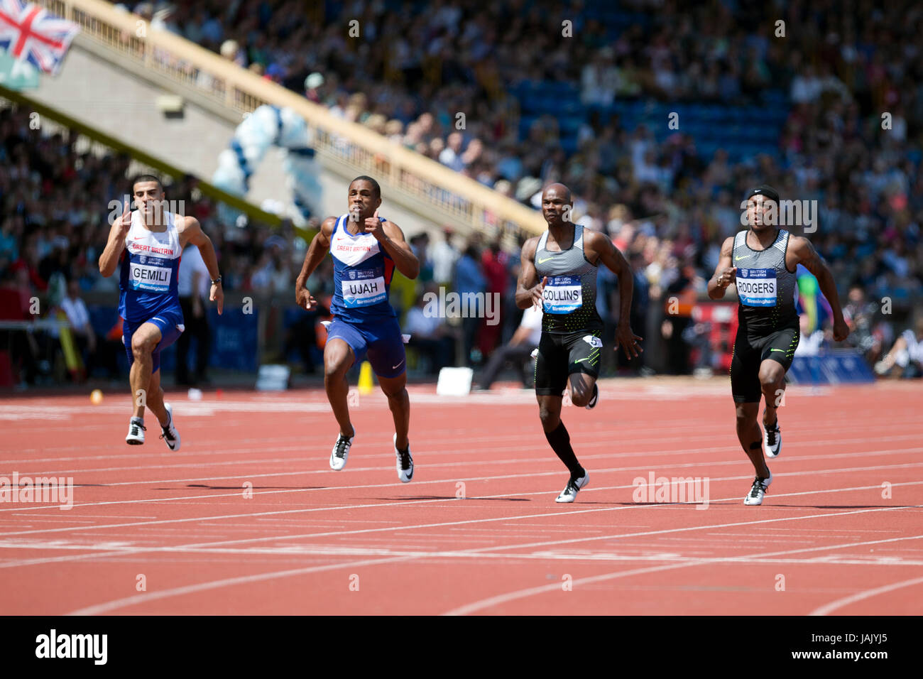 UJAH Chijindu, Kim COLLINS & Michael Rodgers a competere in uomini 100m al 2016 Diamond League, Alexander Stadium, Birmingham, Regno Unito, 6 giugno 2016. Foto Stock