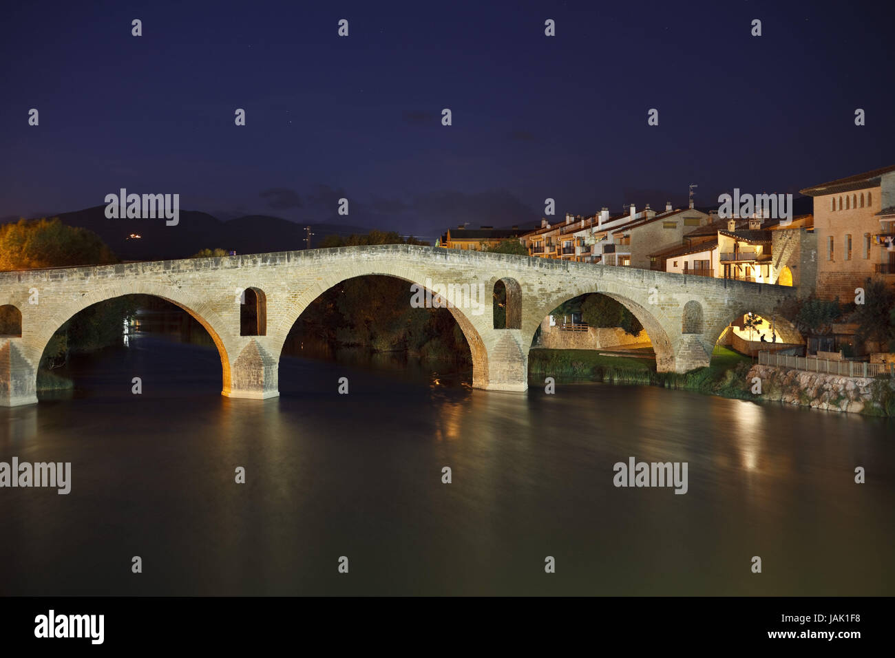 Spagna,Navarra,Puente la Reina,ponte,notte,Jakob, Foto Stock