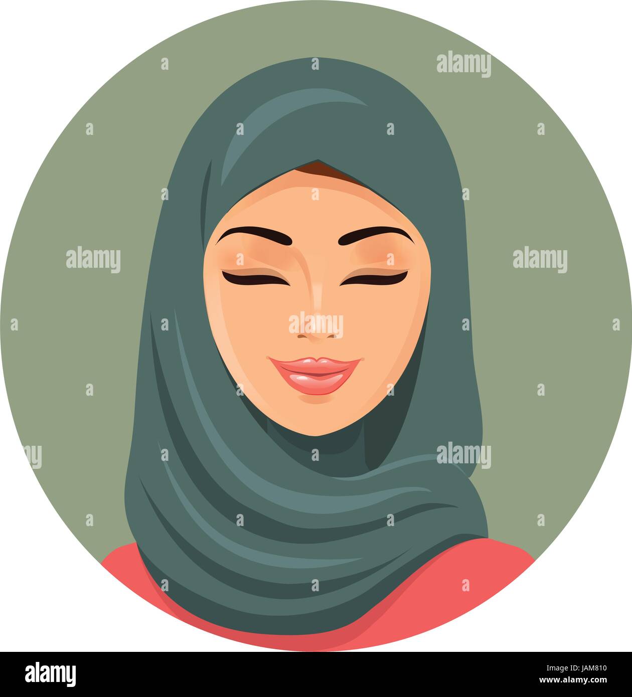 Bella araba musulmana donna ritratto in verde il hijab chiudendo gli occhi vettore icona piatta avatar. Illustrazione Vettoriale