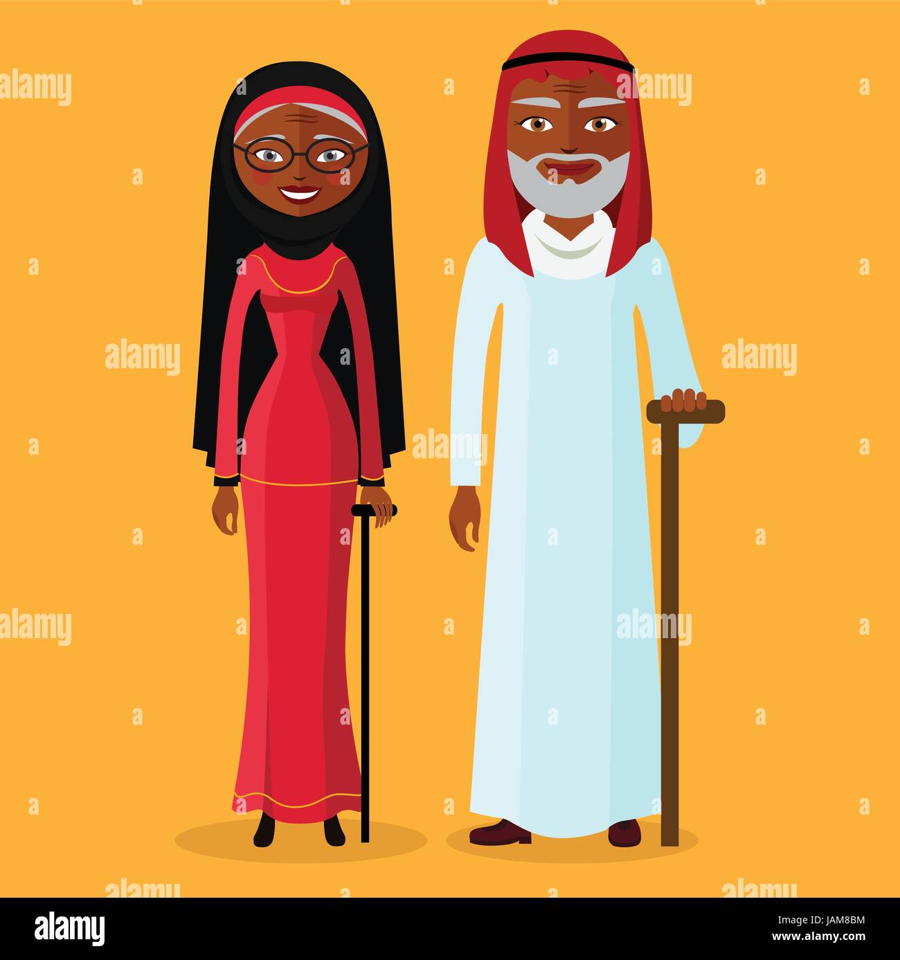 Vettore di arabi adulto uomo e donna. Illustrazione vecchio arabo persone in piedi insieme e felice. Nonna musulmana e del nonno. Illustrazione Vettoriale