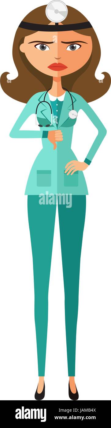 Accigliata medico donna pollice in giù il vettore cartoon piatta illustrazione. Illustrazione Vettoriale