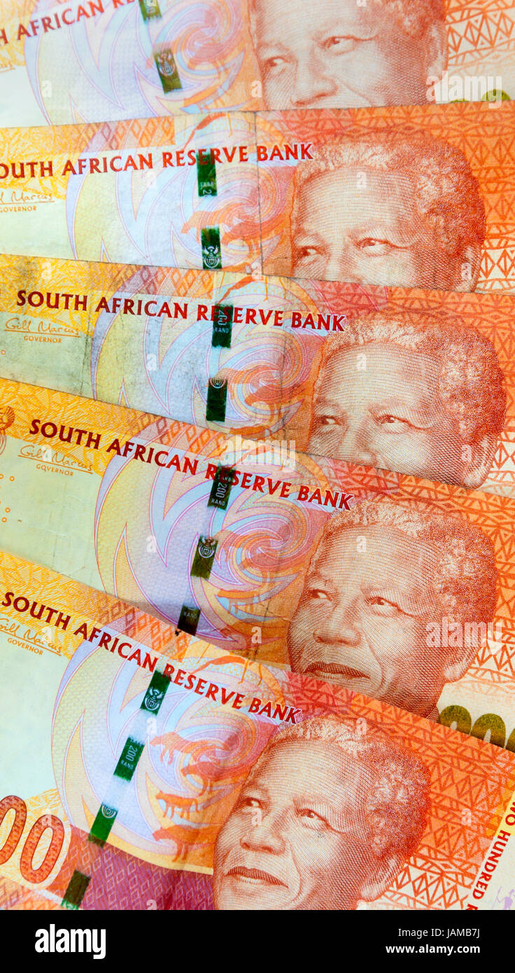 South African Rand moneta note dotate di immagine di Nelson Mandela Foto Stock