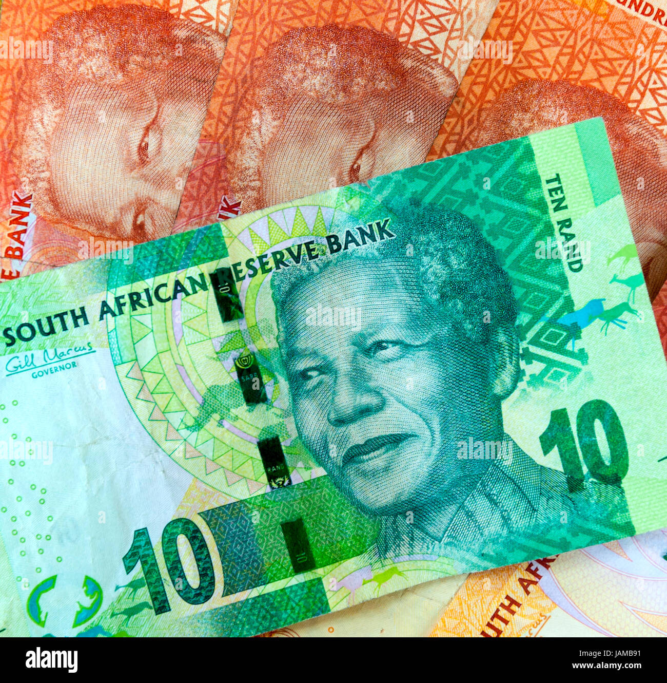 South African Rand moneta note dotate di immagine di Nelson Mandela Foto Stock