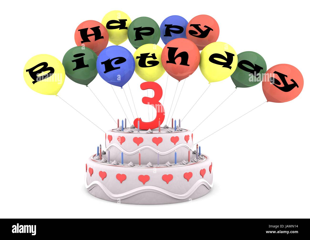 Scritte Buon compleanno su ballons con l'età sulla torta di crema Foto Stock
