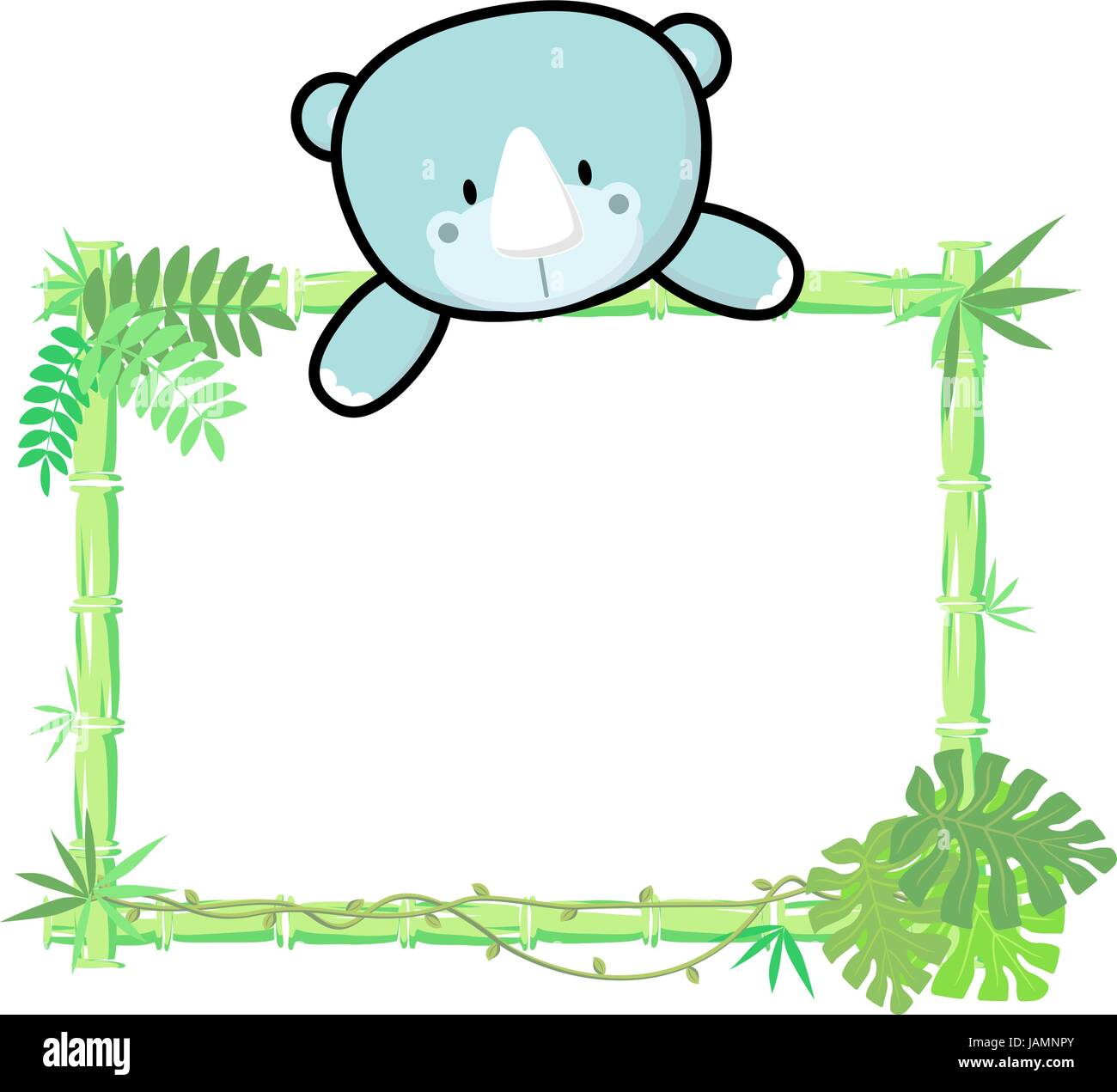 Carino baby rhino su Blank Board con cornice di bamboo isolati su sfondo bianco Illustrazione Vettoriale