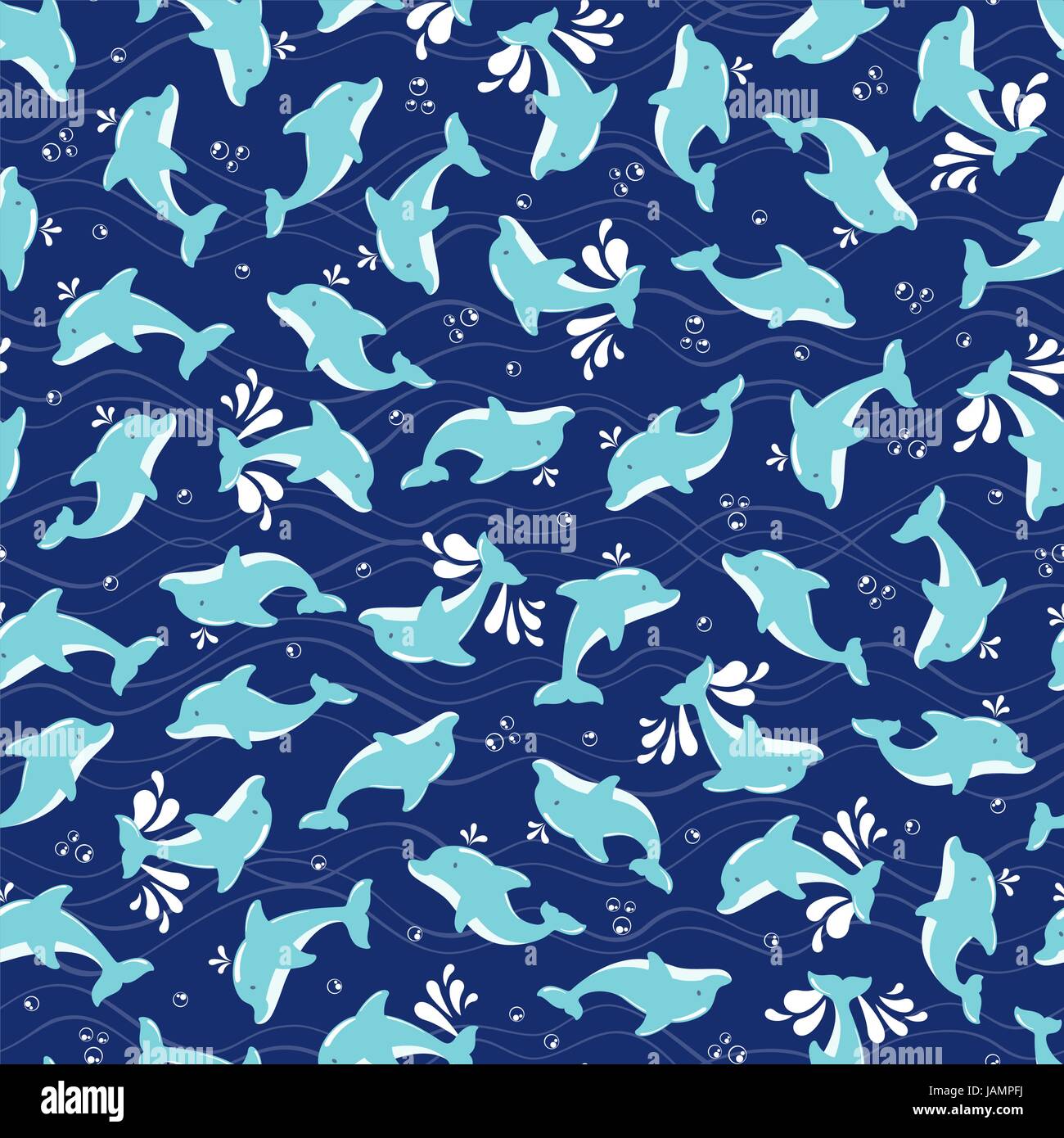 Vector seamless pattern con i delfini con spruzzi e bolle su sfondo blu scuro. Ideale per carta da parati, la carta di avvolgimento o decorazione per bambini tema Illustrazione Vettoriale