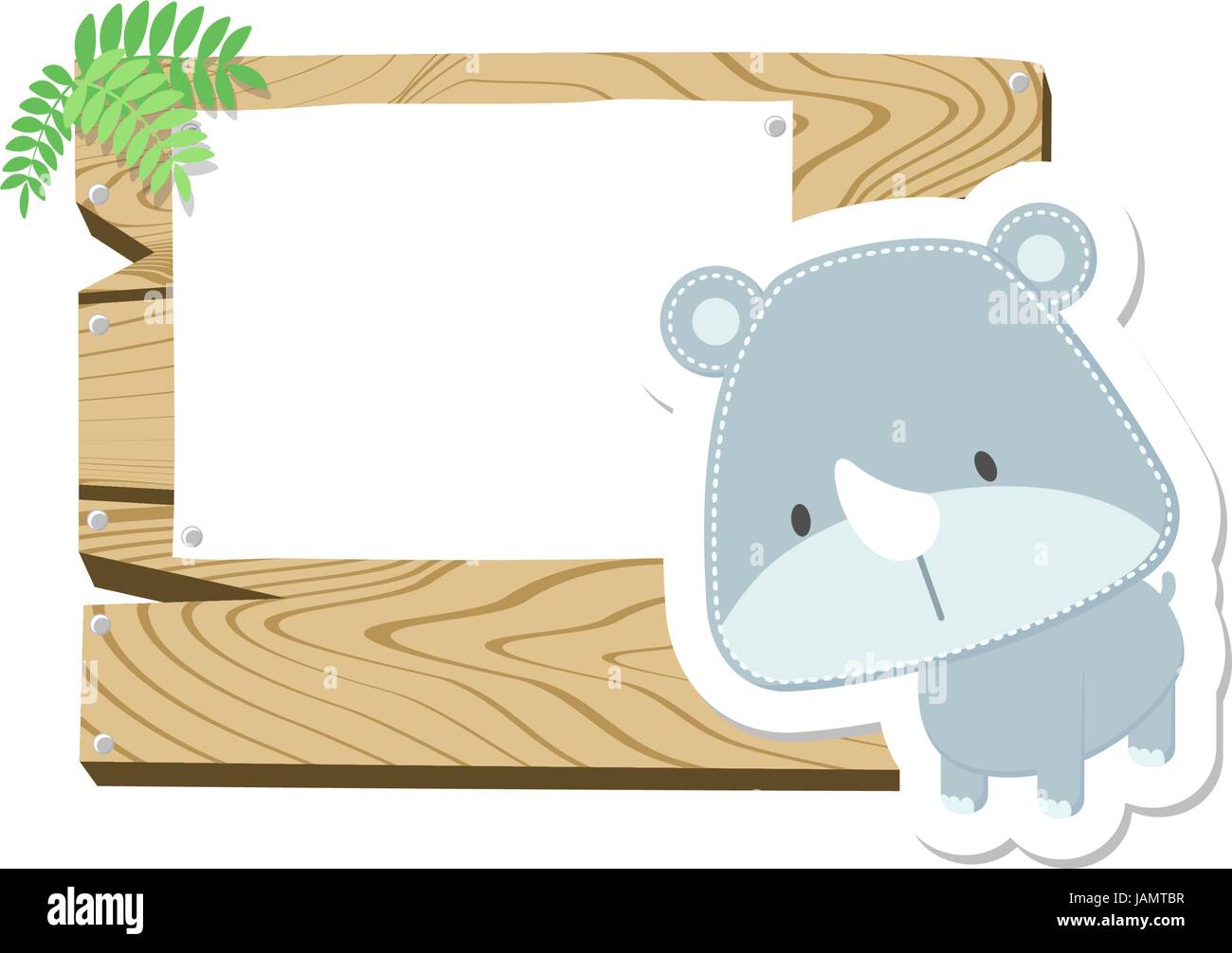 Illustrazione del simpatico baby rhino con legno scheda vuota isolata su sfondo bianco Illustrazione Vettoriale
