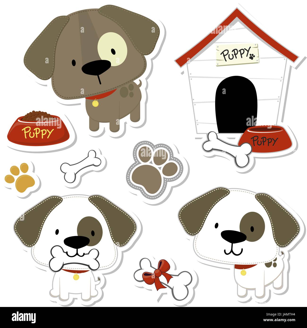Serie di divertenti baby cani e cucciolo elementi come adesivi, utile per molte applicazioni, i vostri disegni o progetti di Scrapbooking Illustrazione Vettoriale