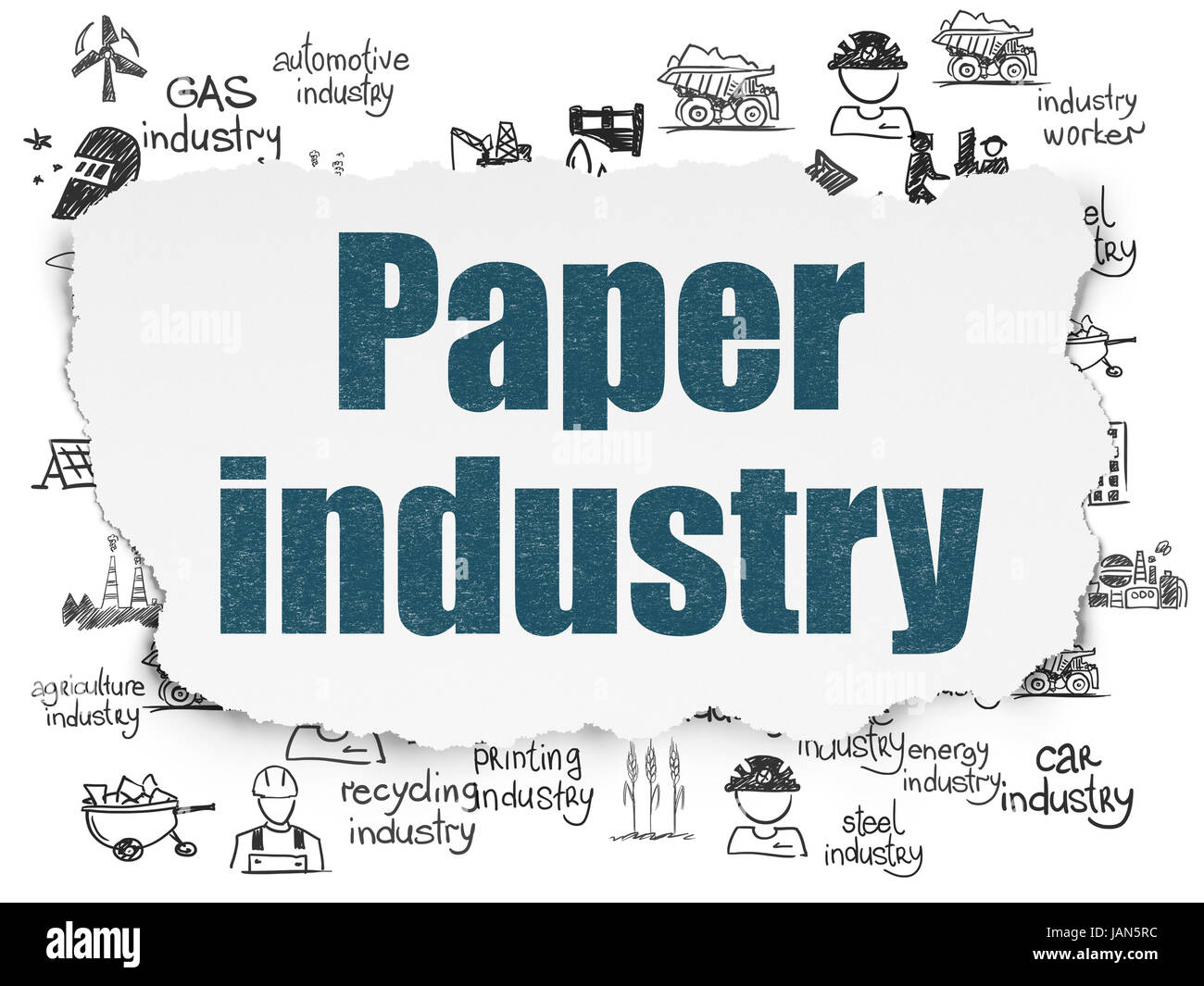 Concetto di settore: dipinto di blu testo industria della carta su Carta strappata con sfondo disegnato a mano le icone del settore Foto Stock