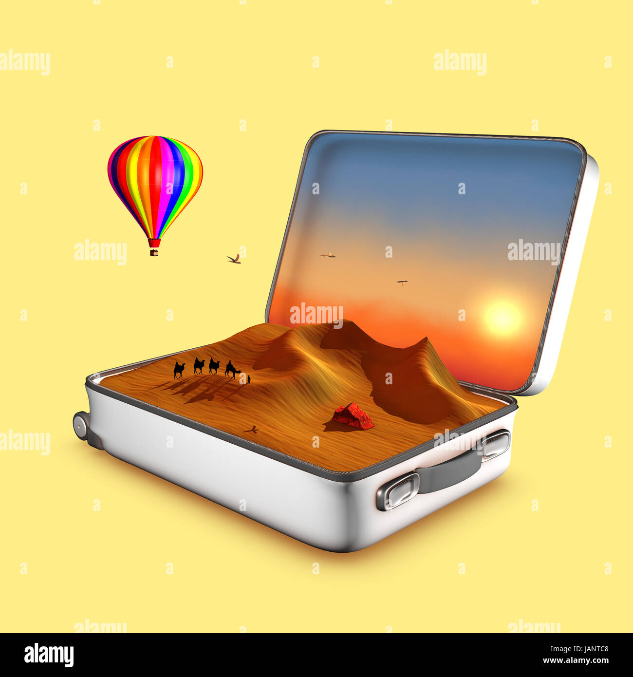 Aprire la valigia che mostra le dune, touareg tenda, cammelli, una mongolfiera e un tramonto.Questo è un invito al viaggio. 3d illustrazione del concetto. Foto Stock