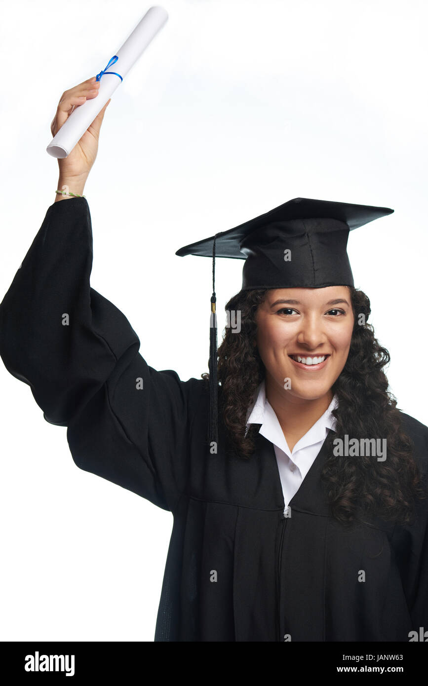 Collegio una studentessa con diploma isolati su sfondo bianco. Ragazza di Latina studente Foto Stock