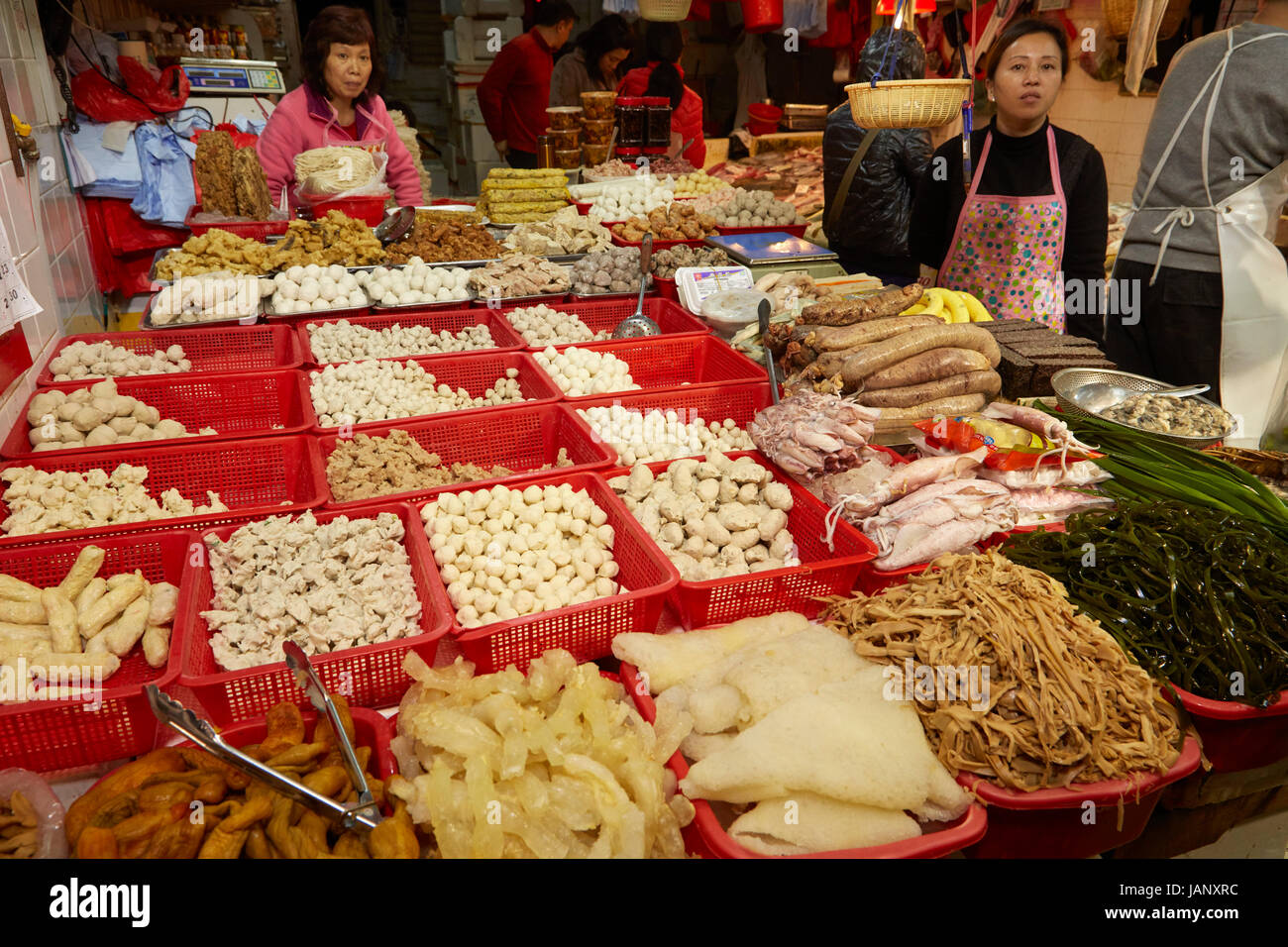 Asian Food, Chun Yeung Street Market, North Point, Isola di Hong Kong, Hong Kong, Cina Foto Stock