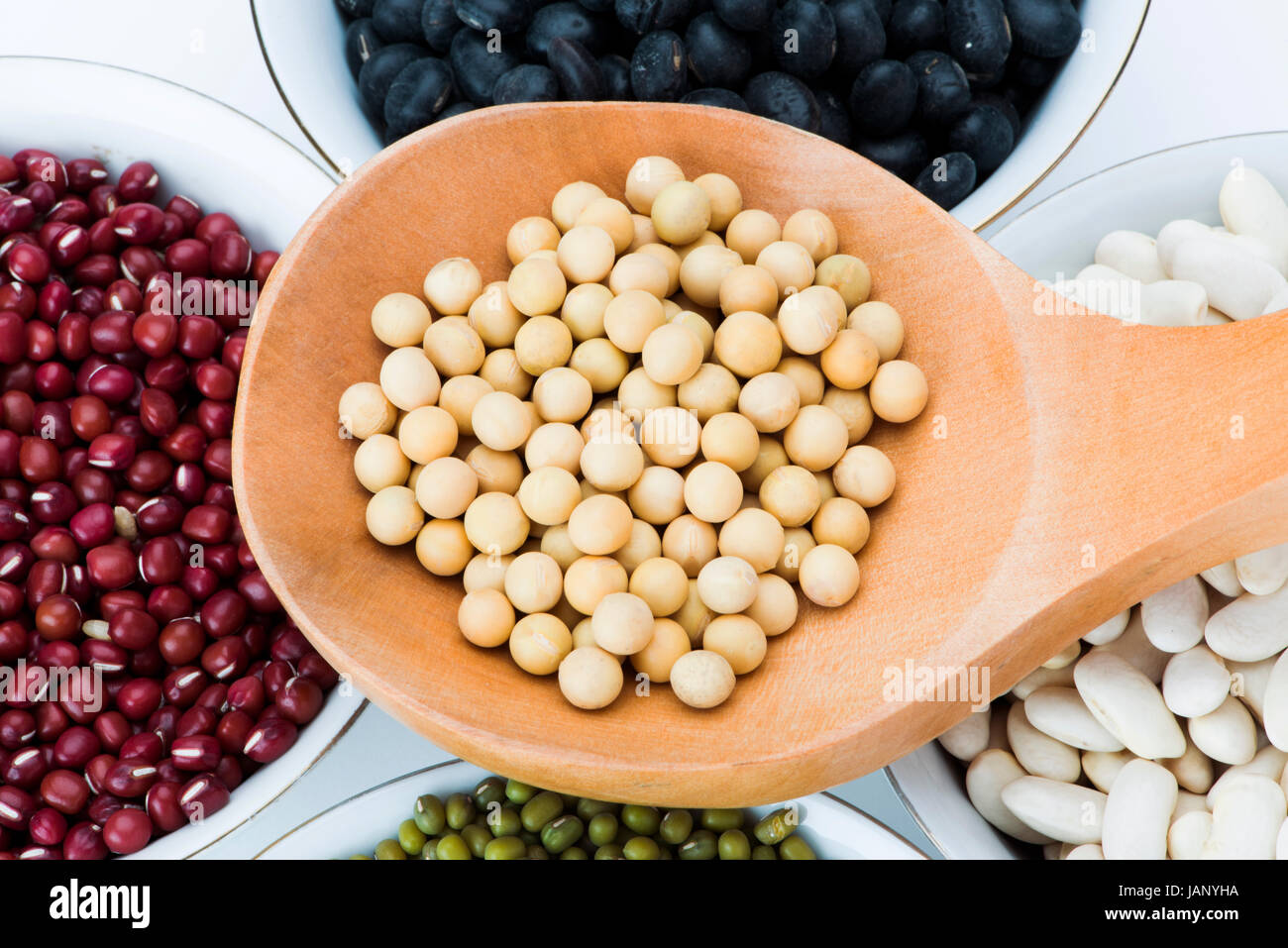 Varietà di Fagioli in ciotole con un cucchiaio di legno su sfondo bianco Foto Stock