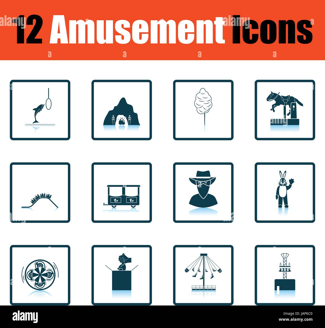 Parco dei divertimenti di icon set. Ombra di design di riflessione. Illustrazione Vettoriale. Illustrazione Vettoriale