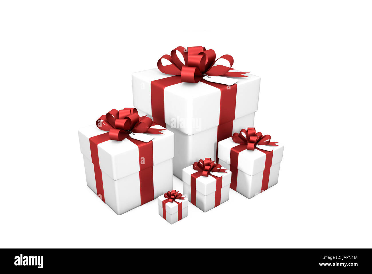 3d immagine: bianco cinque confezioni regalo da piccole a grandi dimensioni in ordine di grandezza con seta rossa / Nastro di prua e tag su uno sfondo bianco isolato. Foto Stock