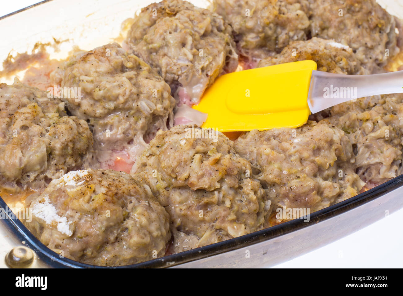 Polpette con riso al forno di vetro Foto Stock