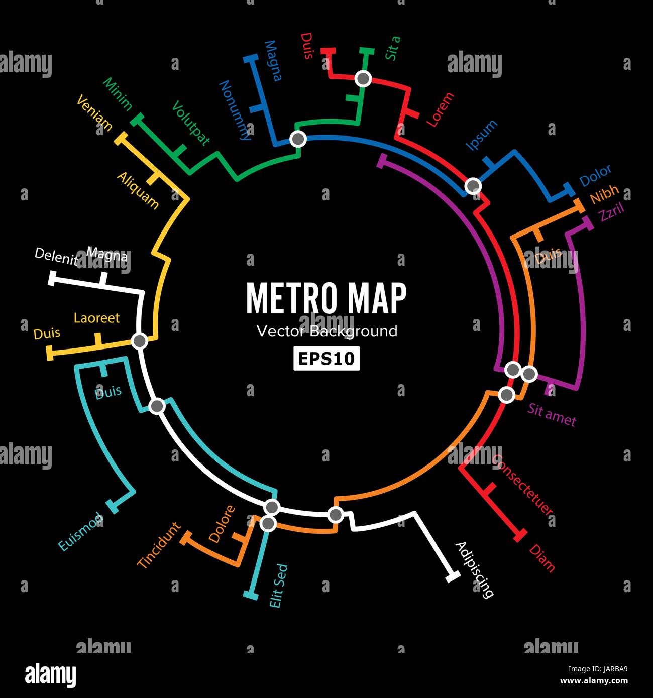 Mappa della metropolitana di vettore. Immaginaria Mappa della metropolitana. Sfondo colorato con stazioni. Illustrazione Vettoriale