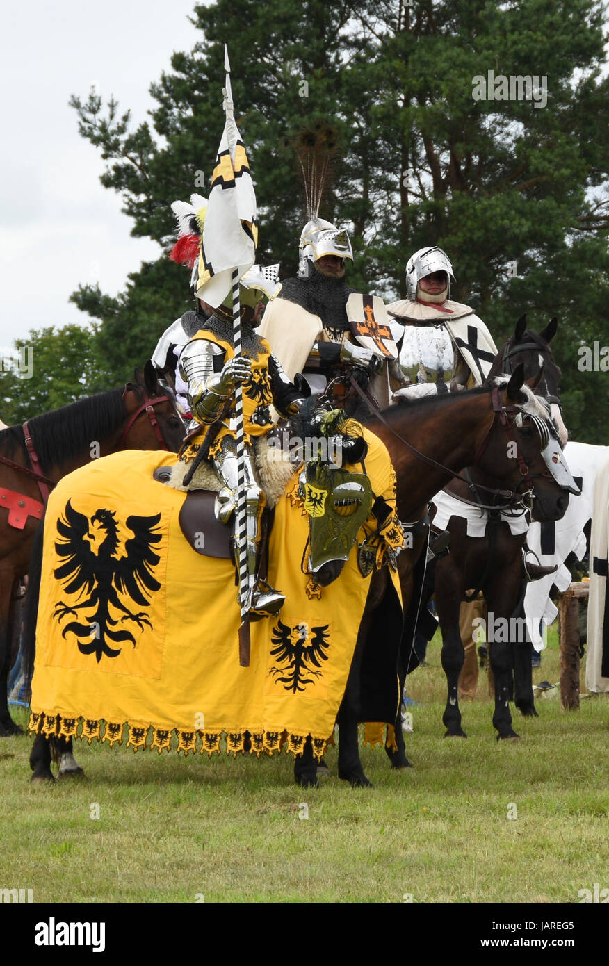 La messa in scena di battaglia medievale di Grunwald in cui i cavalieri teutonici hanno combattuto contro i polacchi e lituani cavalieri. Foto Stock