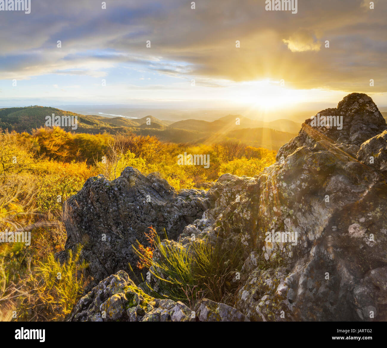 Guardando fuori dall'Ölberg nel Siebenbirge verso il fiume Reno, il sole è appena apparsa da dietro le nuvole, condizioni ventose, esposizioni mescolate per catturare una gamma dinamica di alta qualità. È stato questo drammatico! Si prega di vedere più immagini simili in portafoglio, comprese le risoluzioni più elevate. 50.682082,7.248132 Foto Stock