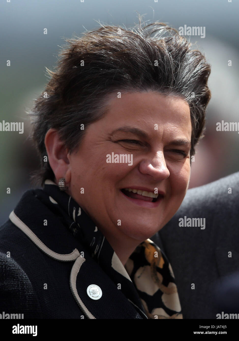 DUP leader Arlene Foster incontra gli ospiti davanti a una cerimonia presso l'isola di Irlanda Peace Park di Messines, Belgio per commemorare la battaglia di Messines Ridge. Foto Stock