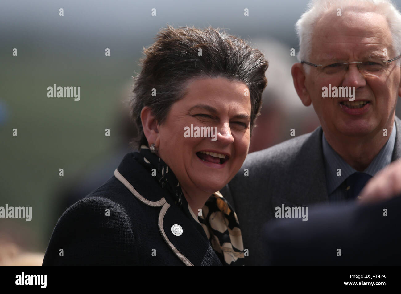 DUP leader Arlene Foster incontra gli ospiti davanti a una cerimonia presso l'isola di Irlanda Peace Park di Messines, Belgio per commemorare la battaglia di Messines Ridge. Foto Stock