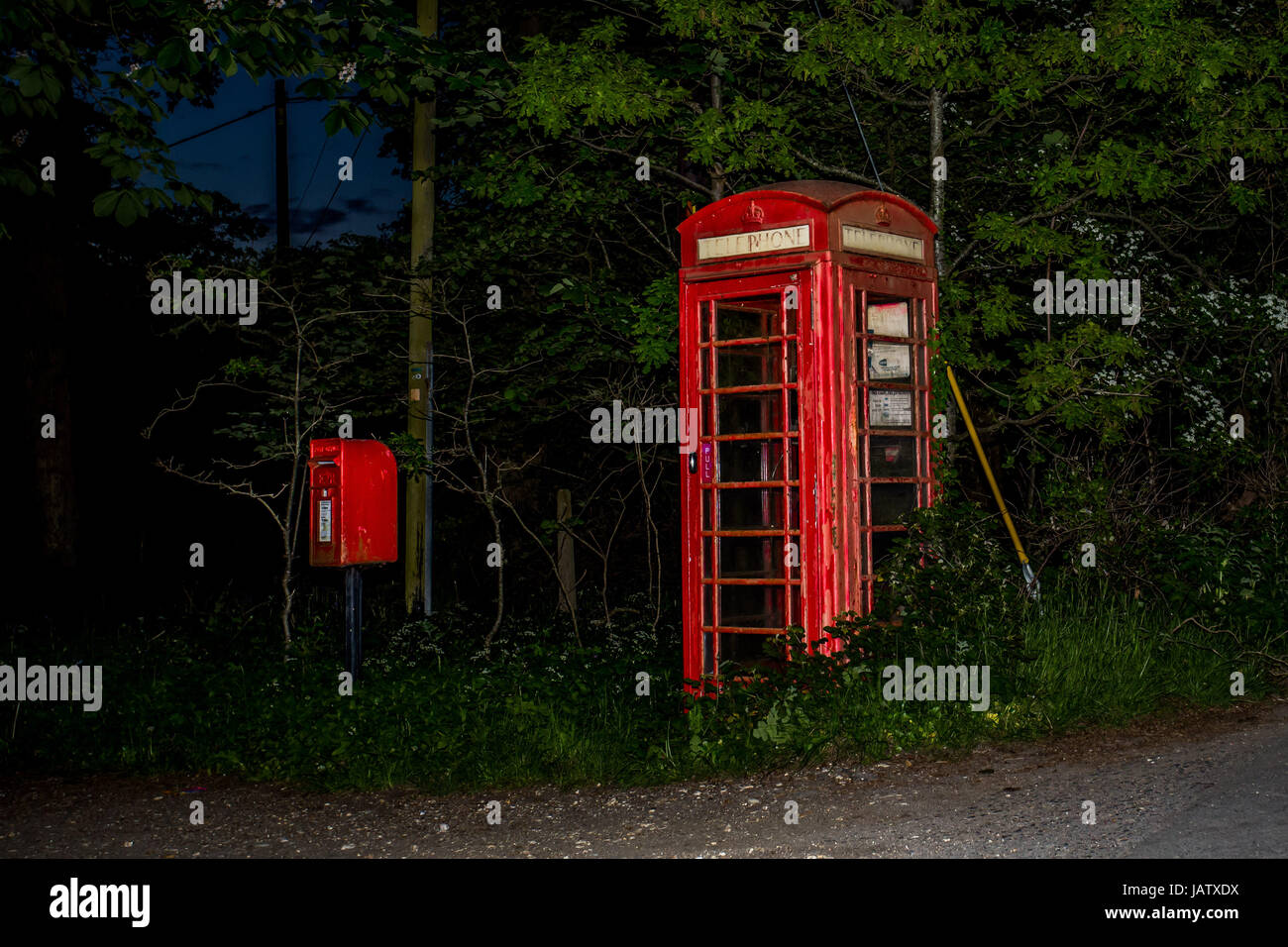 Telefono rosso casella nella foresta in Inghilterra durante la notte Foto Stock