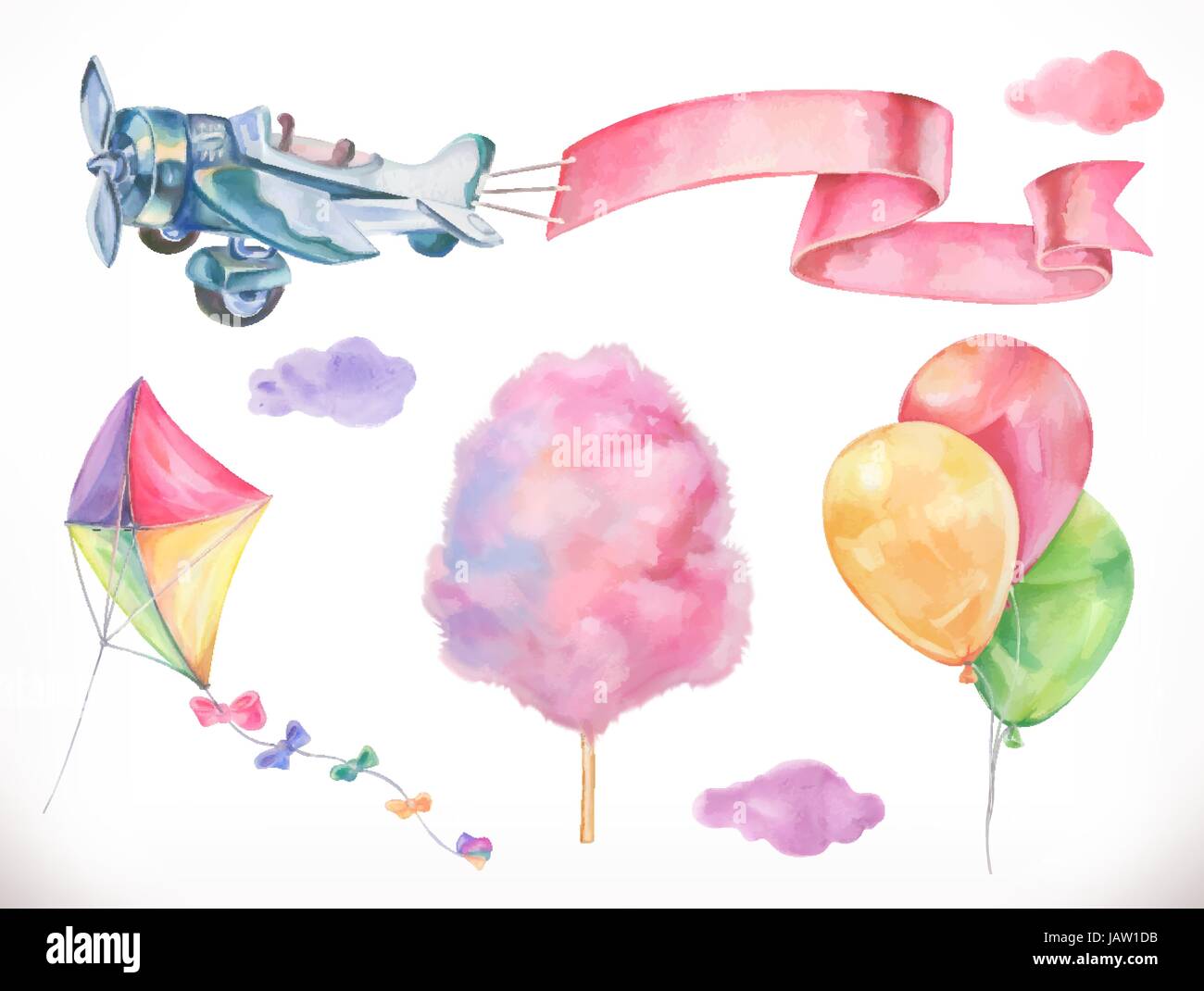 Acquerelli di aria. Kite, aeroplano, caramella di cotone e le nuvole, palloncini. Vector icon set Illustrazione Vettoriale