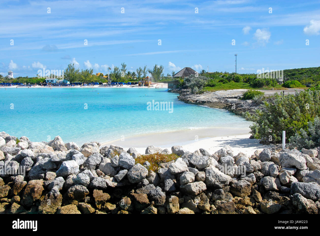Baia isolata a mezza luna Cay, Bahamas Foto Stock