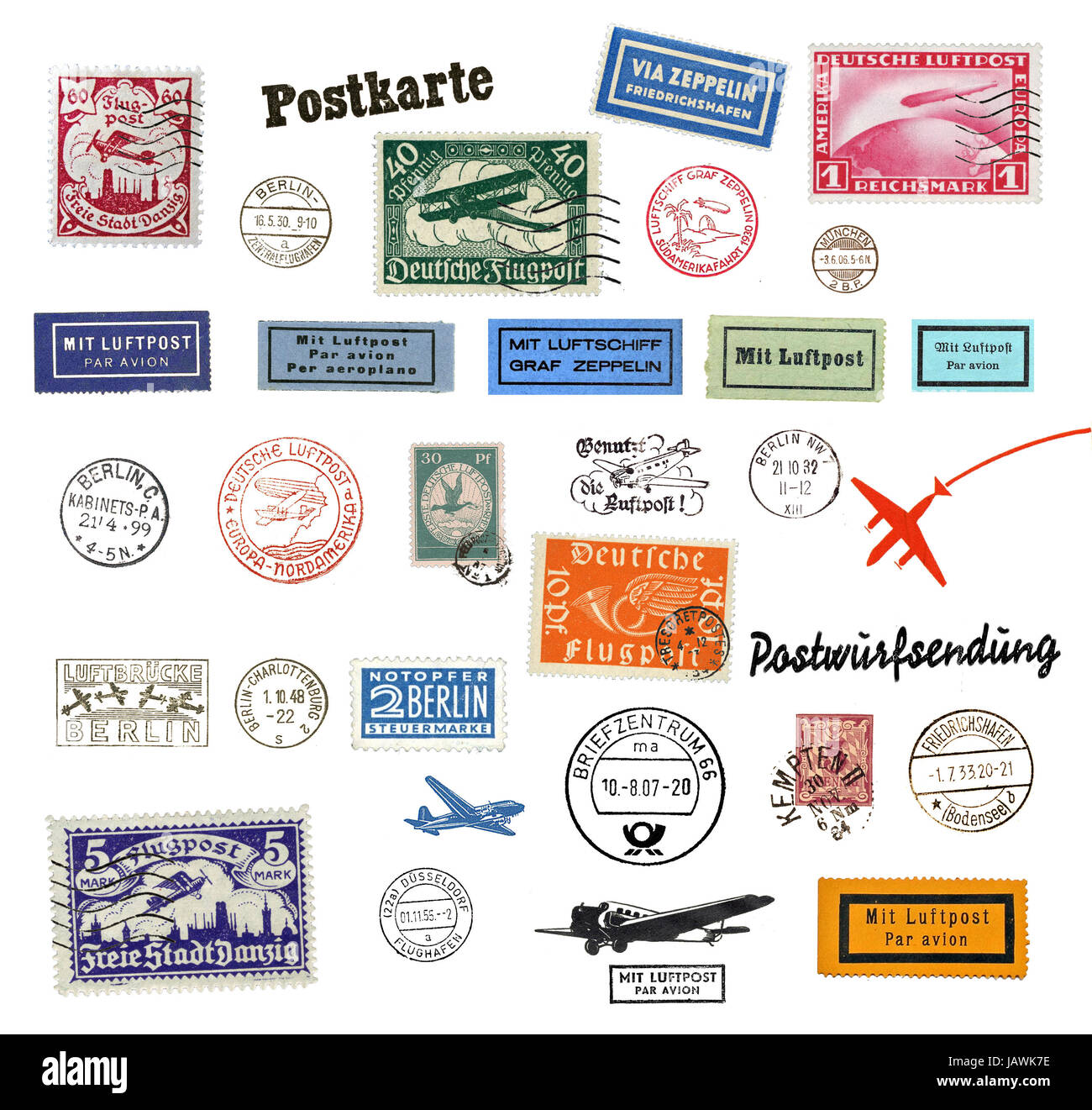 Verschiedene Briefmarken und Poststempel aus Deutschland, Hauptsächlich aus dem 30er, 40er und 50er Jahren Foto Stock