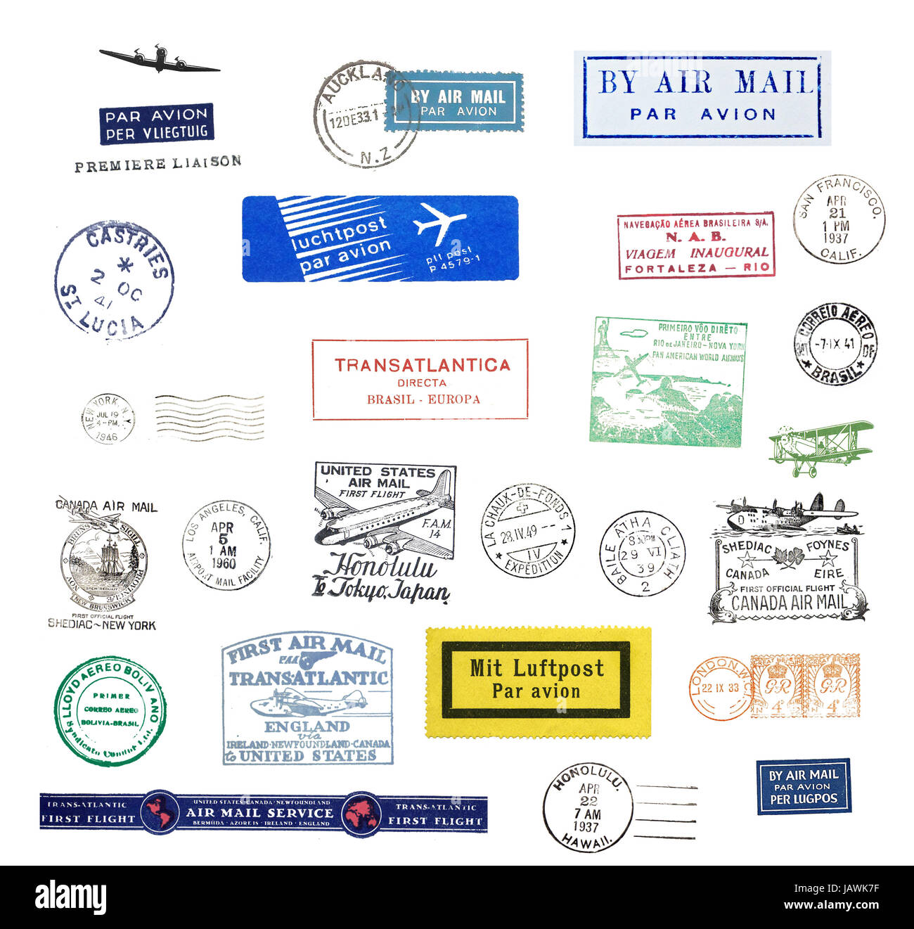 Alte Poststempel, hauptsächlich Luftpost, freigestellt Foto Stock