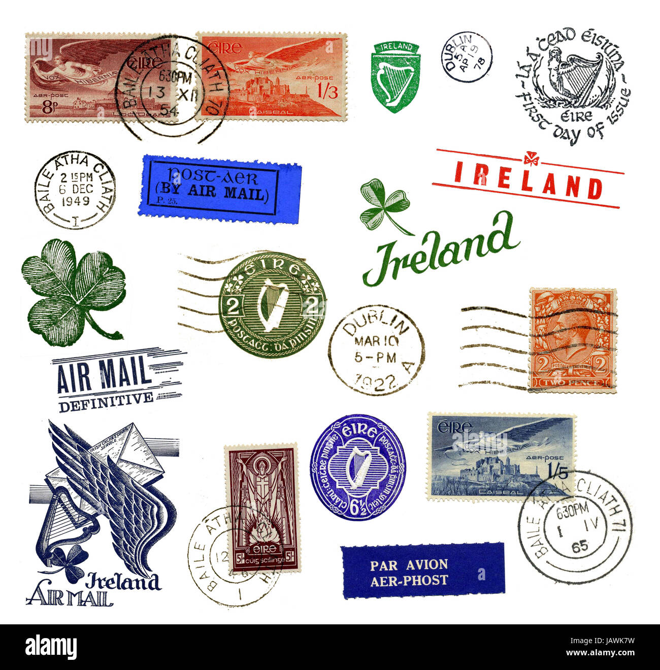 Verschiedene Briefmarken und Poststempel aus Irlanda, teilweise alt Foto Stock