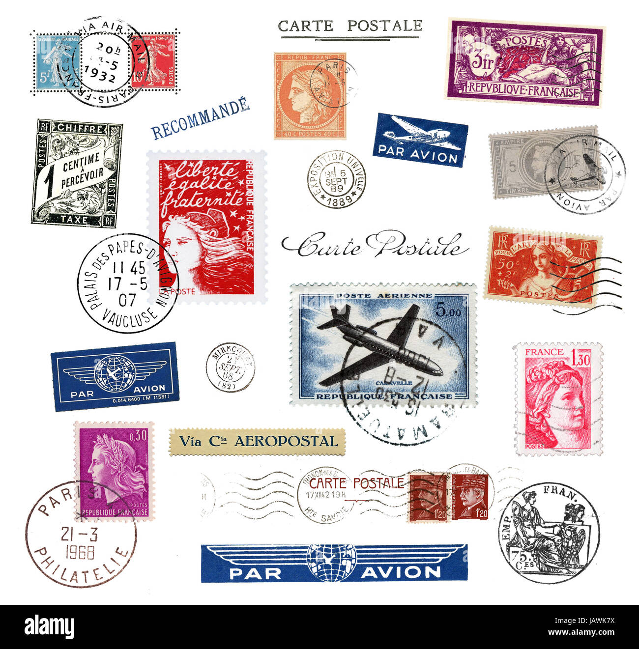 Verschiedene Briefmarken und Poststempel aus Frankreich, Luftpost, hauptsächlich historisch Foto Stock