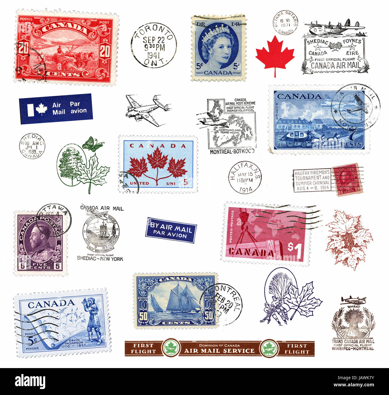 Verschiedene Briefmarken und Poststempel aus Kanada, Luftpost, hauptsächlich historisch Foto Stock