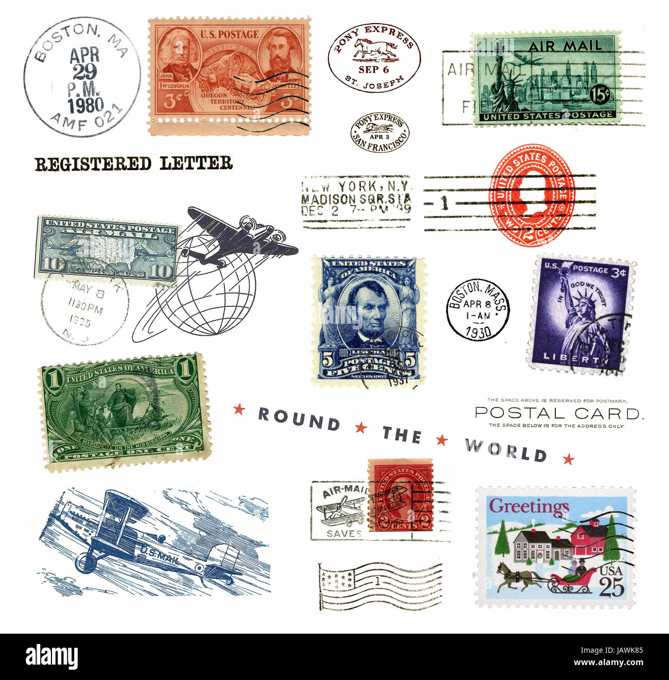 Verschiedene Briefmarken und Poststempel aus USA, teilweise alt Foto Stock