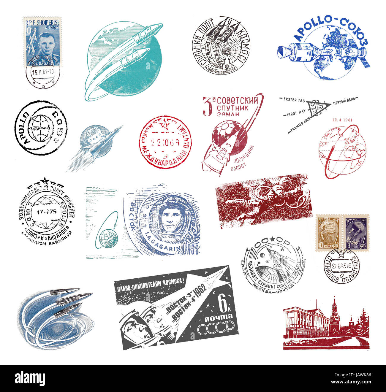 Briefmarken und Poststempel aus der ehemaligen Sowjetunion mit Motiven der Raumfahrt aus den 50er,60er und 70er Jahren Foto Stock