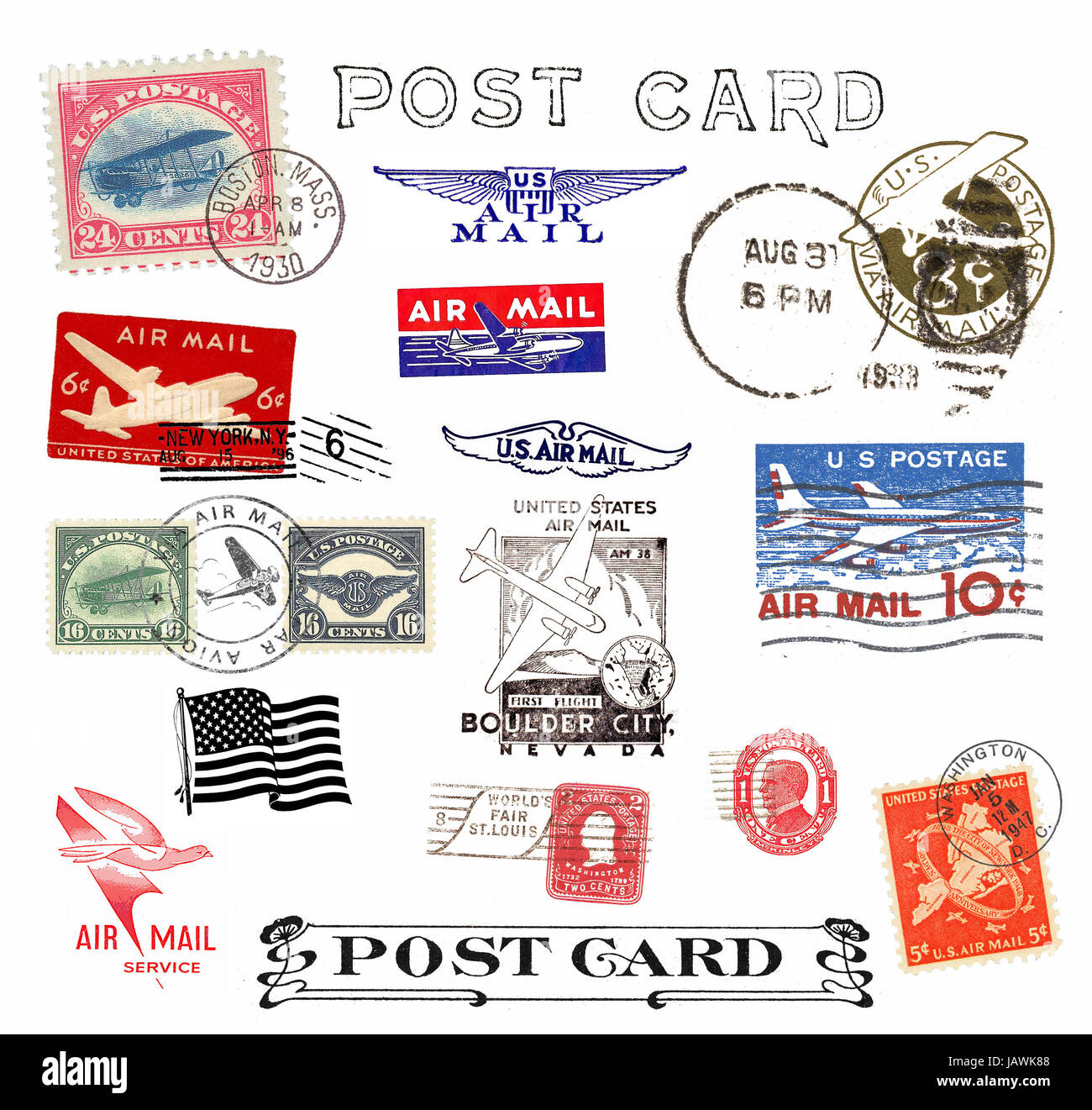 Verschiedene Briefmarken und Poststempel aus USA, teilweise alt Foto Stock