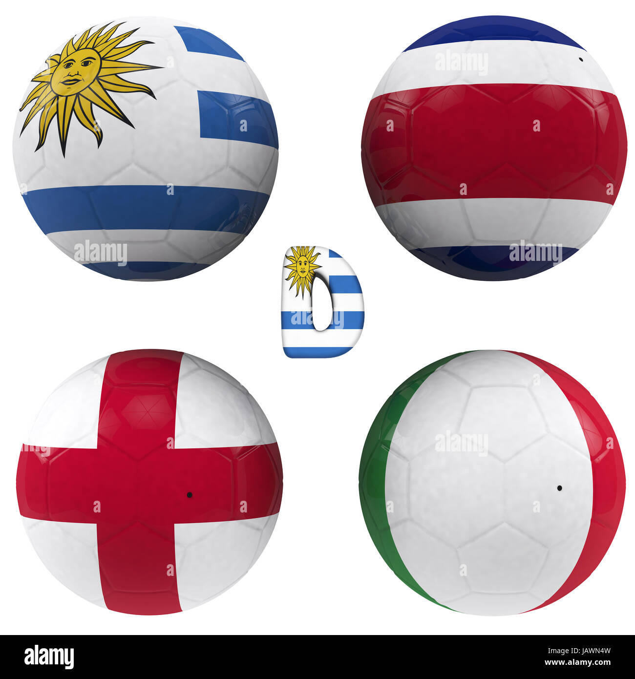 Sfere con le bandiere delle squadre di calcio che compongono il gruppo d della coppa del mondo 2014 Brasile isolato con tracciato di ritaglio Foto Stock