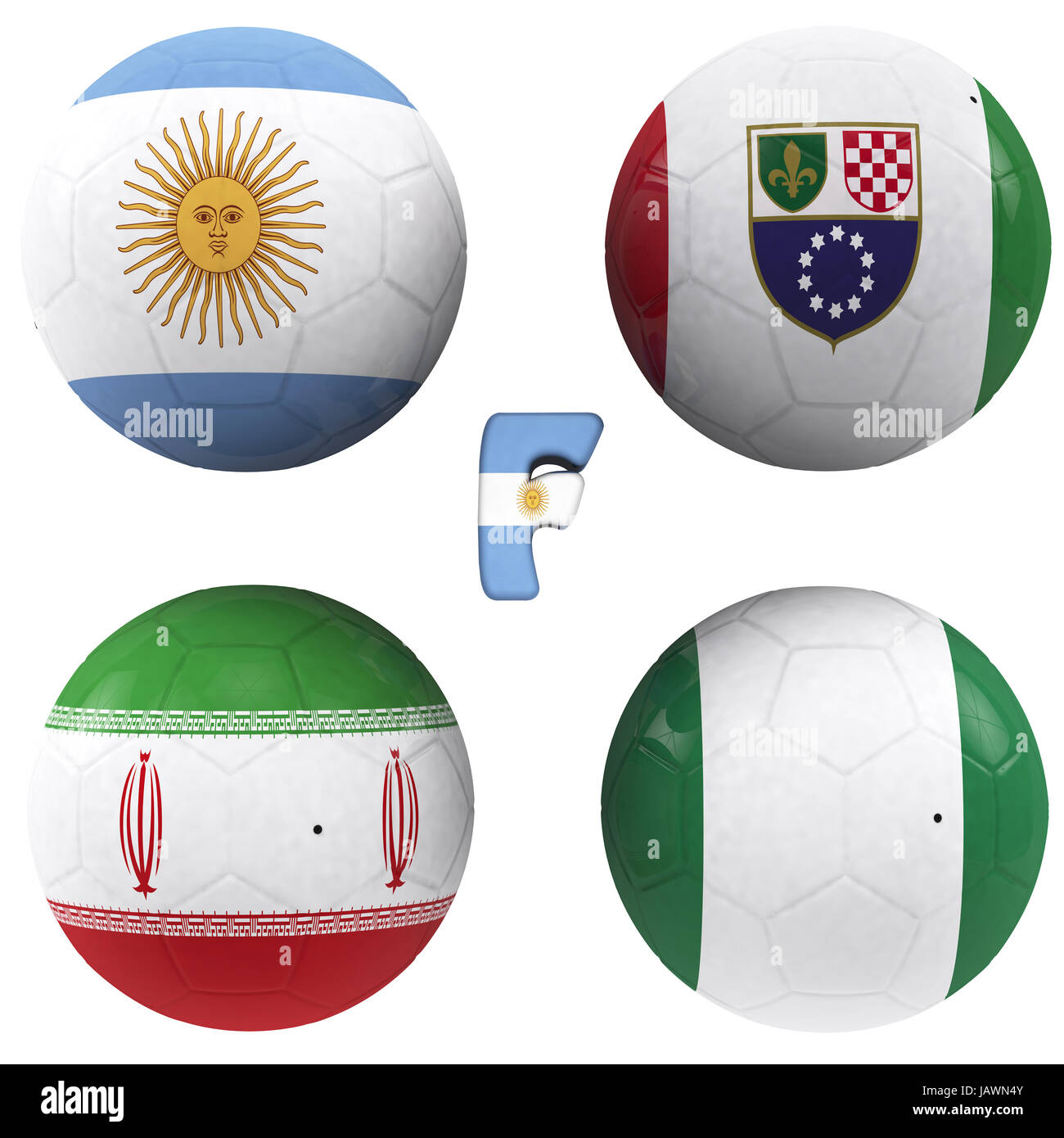 Sfere con le bandiere delle squadre di calcio che compongono il gruppo f di coppa del mondo 2014 Brasile isolato con tracciato di ritaglio Foto Stock