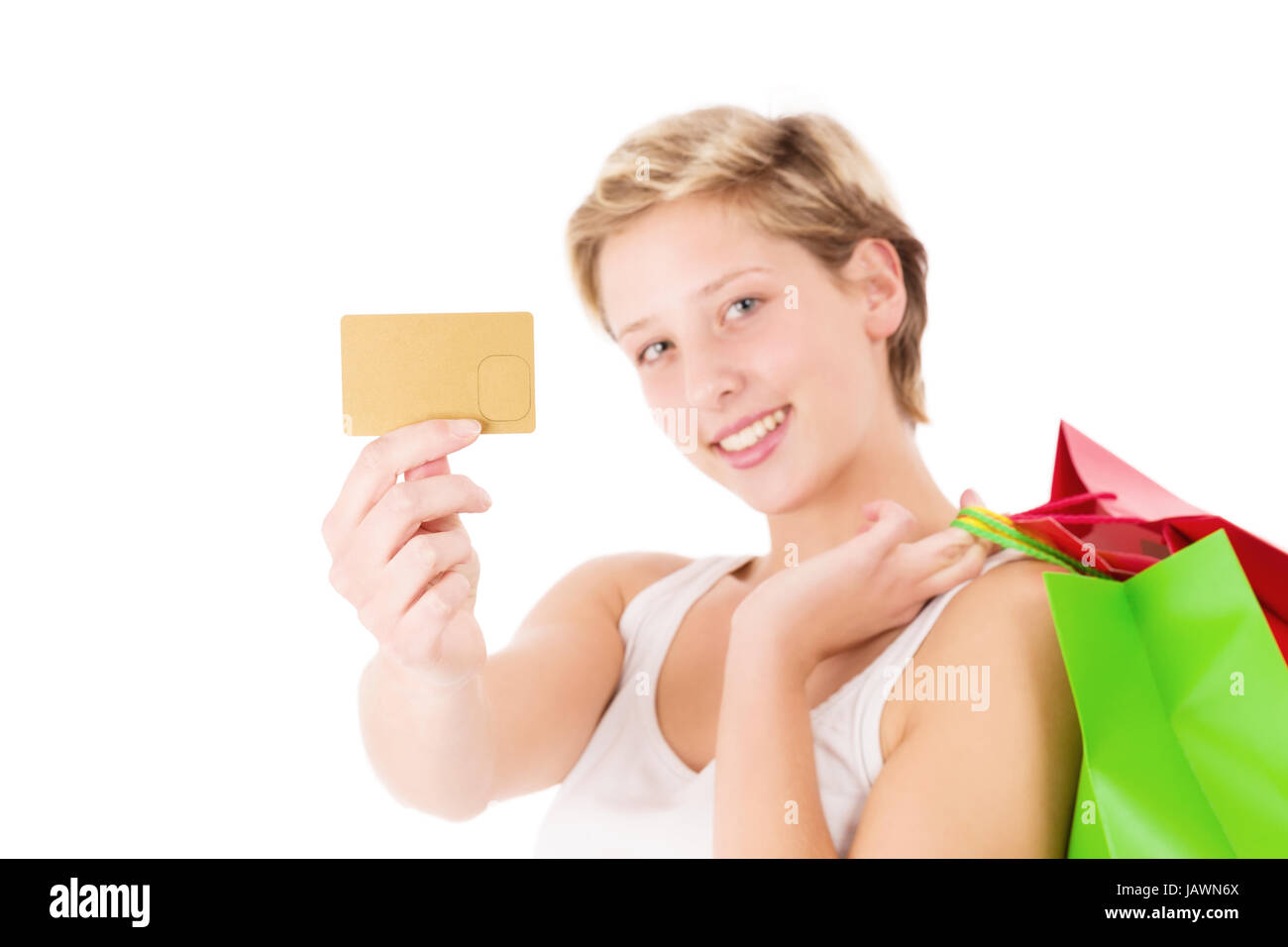 Junge glückliche frau zeigt ihre karte Foto Stock