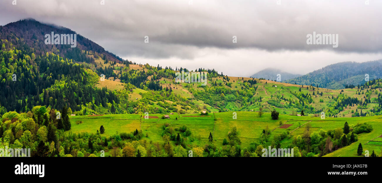 Area rurale in montagna su nuvoloso giorno. woodsheds, recinzioni e campi erbosi sulle colline. splendido paesaggio di campagna Foto Stock