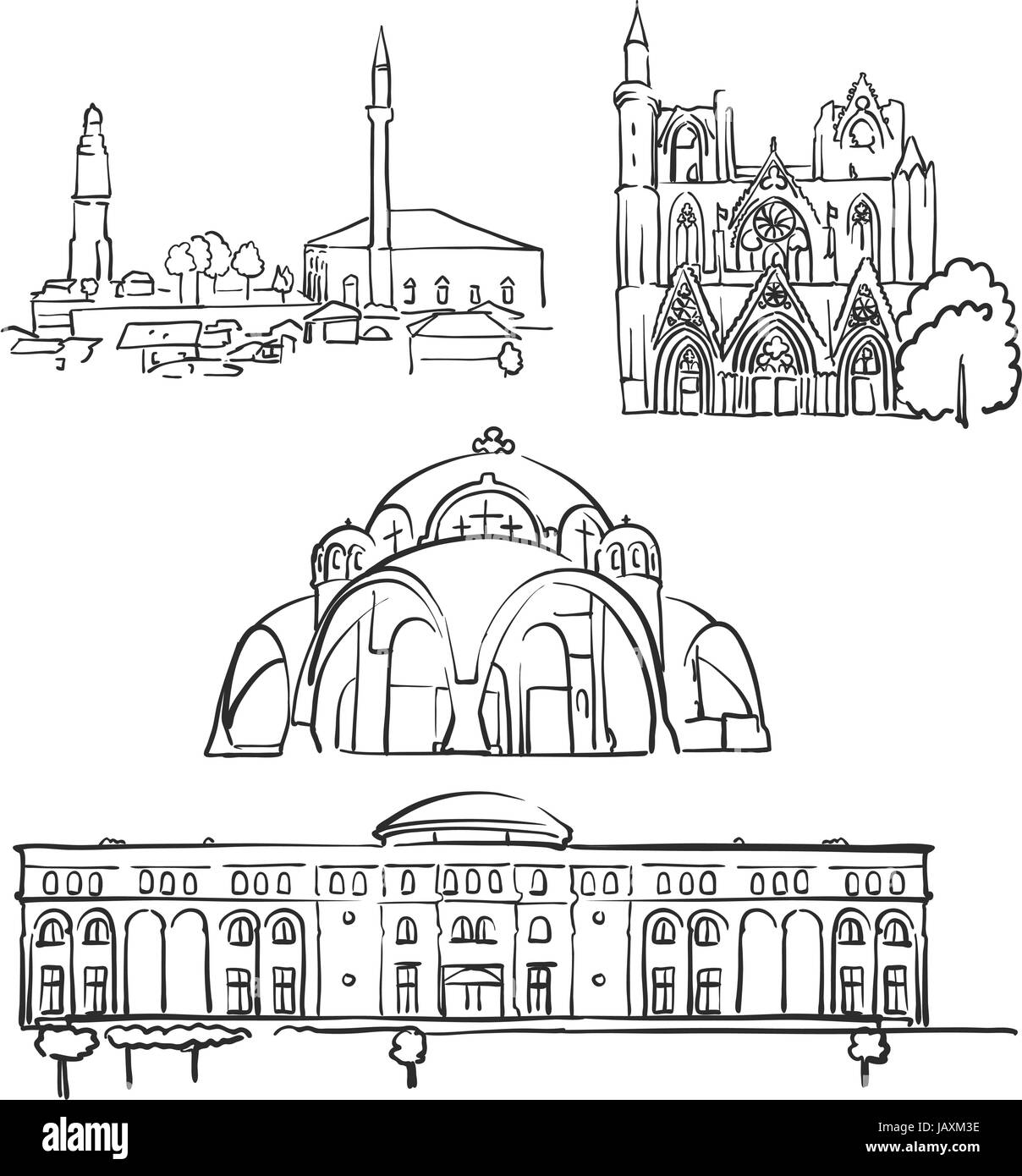 Skopje, Macedonia, edifici famosi, Monocromatico delineato i punti di riferimento di viaggio, scalabile illustrazione vettoriale Illustrazione Vettoriale