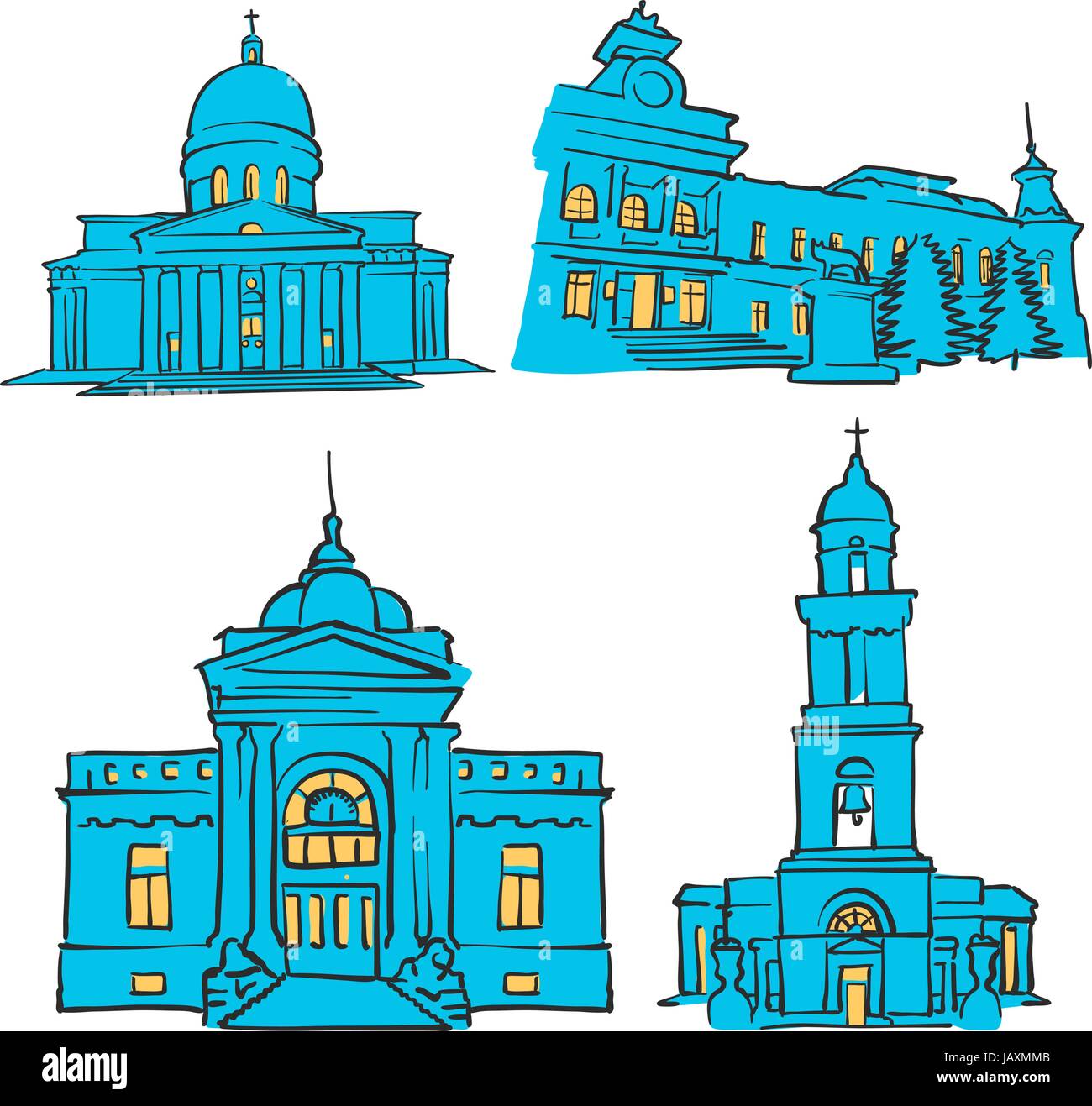 Chisinau, Moldavia, colorato di punti di riferimento, Scalable Vector monumenti. Riempito con forma blu e giallo evidenzia. Illustrazione Vettoriale